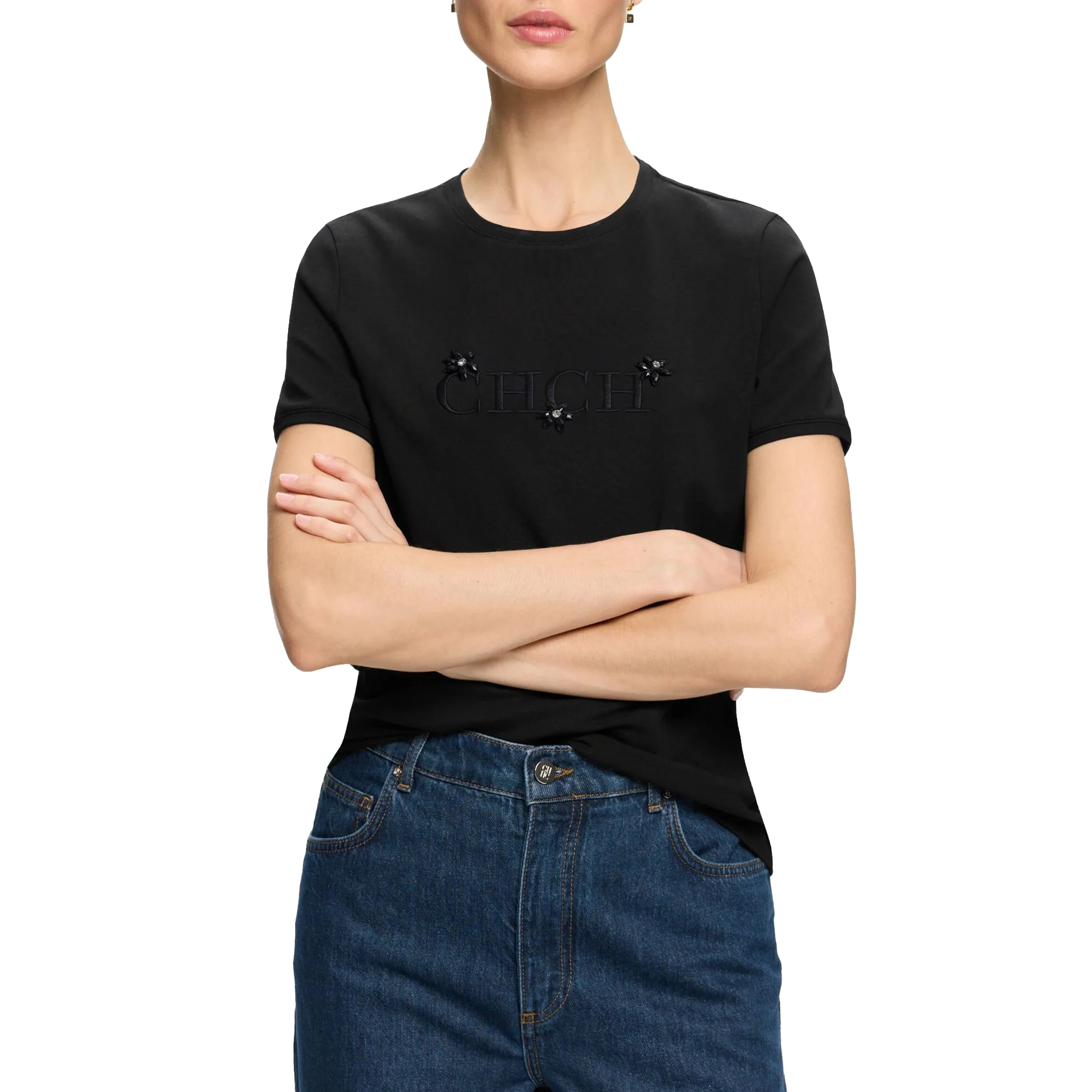 

CHCH 2025 Women's Summer New Fashion Commute Round Neck Diamonds Embroidery Solid Color Loose Short Sleeve Casual T-shirts Tops