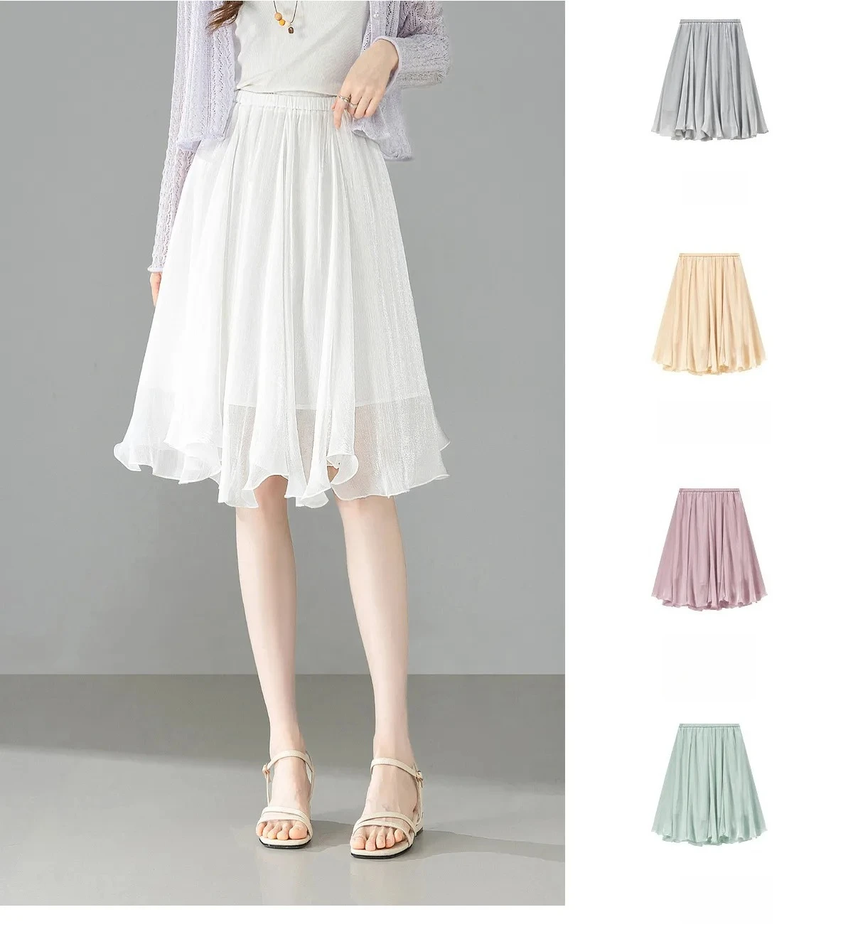 SENTUBILA Weißer Chiffon-Schimmerrock für Damen, Sommer 2026, Eleganter, Elastischer Bund, Unregelmäßiger, Lässiger Schirmrock Q62QG7308 – Detail 11