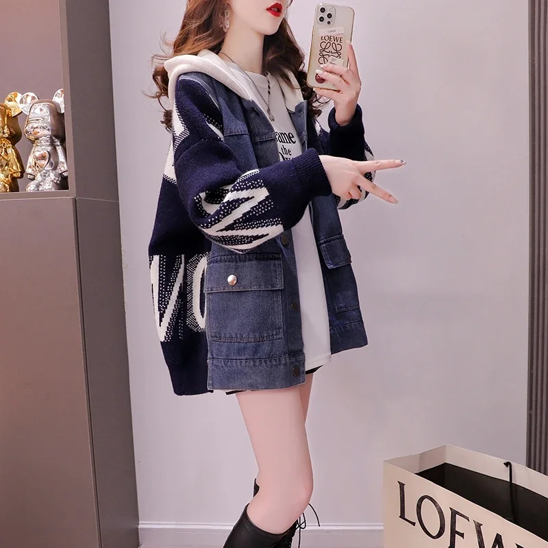 Autumn Winter New Fashion Denim Patchwork Sweater Cardigan Women's Loose Design Sense Korean Hooded Knitted Thick Jacket