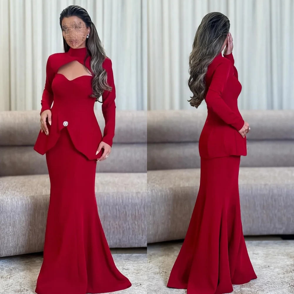 

Customized High Quality Fashion Jersey Pleat Rhinestone Mermaid High Collar Long Dresses Bespoke Occasion Dresses Matching