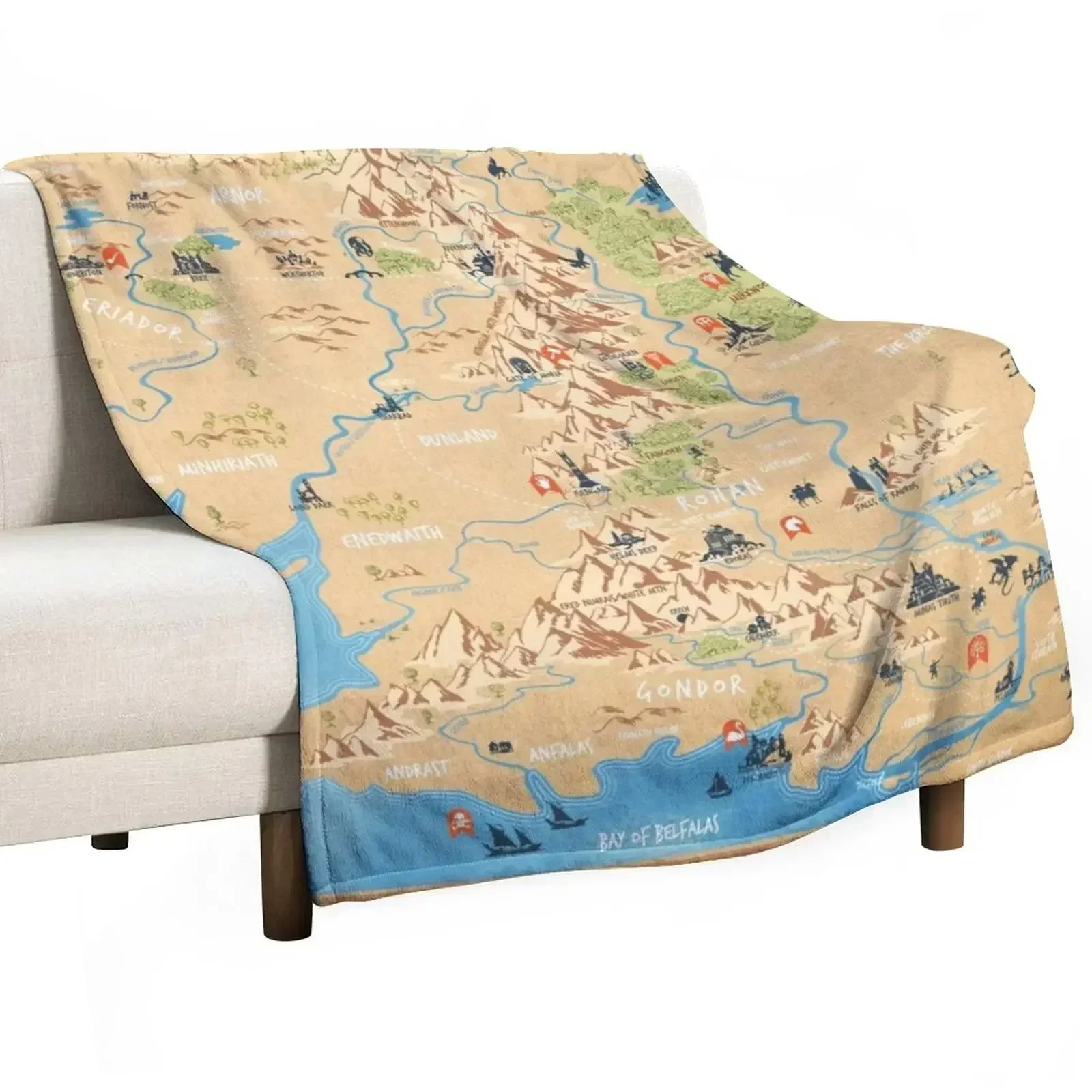 J.R.R. Tolkien - Middle Earth map,simple icon illustrations Throw Blanket Soft Beds Soft Blankets