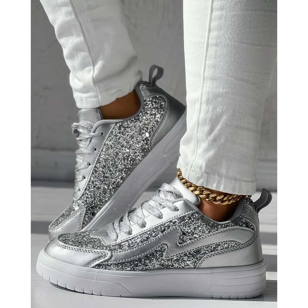 Women Bling Bling Sequins Decor Lace-up Flats Sneakers Daily Casual Round Toe Sports Shoes 2024 Spring Fashion Going Out Shoes