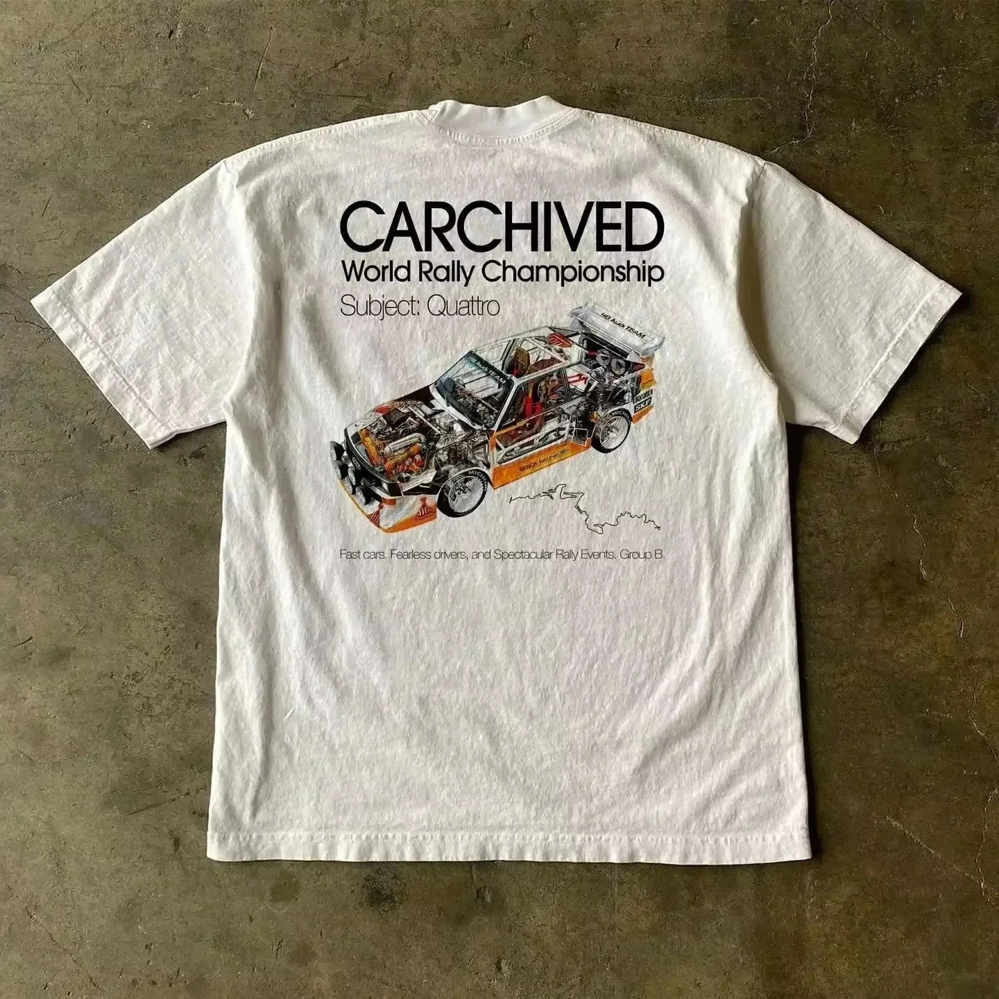 Vintage Rally Cutaway Race Car Graphic T Shirt World Rally Championship Racing Text Print Oversized Back Print Short Sleeve Tee