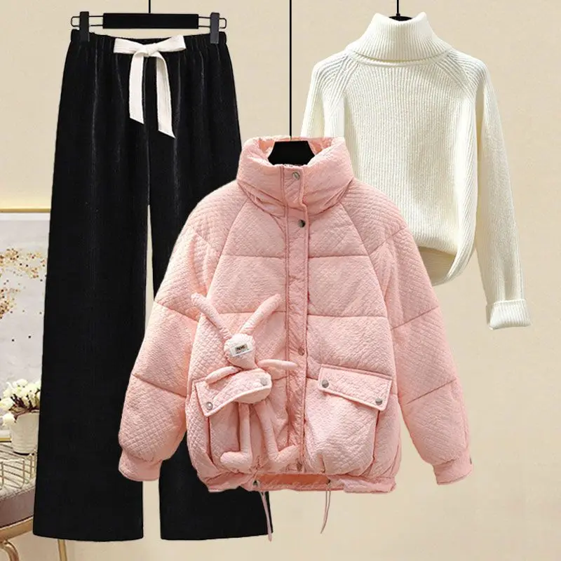 Winter Set Women\'s Korean Edition Wearing Cute Little Rabbit Pink Cotton Coat Wide Leg Pants Sweater Three Piece Set pant sets