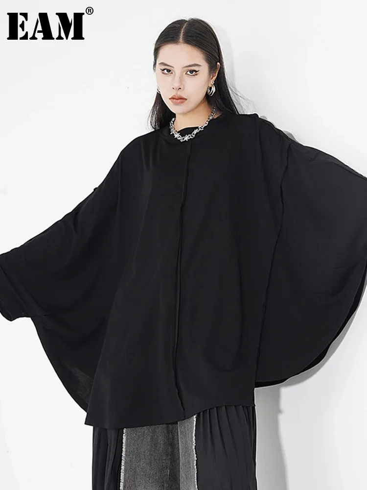 

[EAM] Women Black Big Size Brief Casual T-shirt New Round Neck Long Batwing Sleeve Fashion Tide Spring Autumn 2024 1DH5081