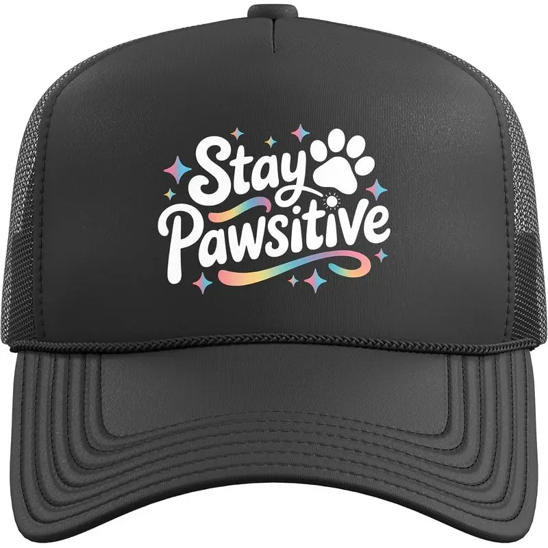Stay Pawsitive Cute Dog Cat Animal Lover Positive Message Trucker Hat with Adjustable Mesh Back