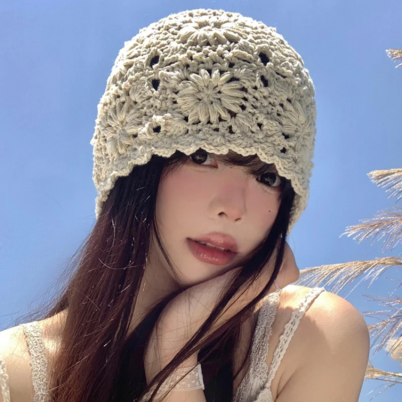 Japanese Hand-woven Pullover Women\'s Caps Spring and Summer Travel Versatile Thin Hollow Breathable Knitted Beanies Hat