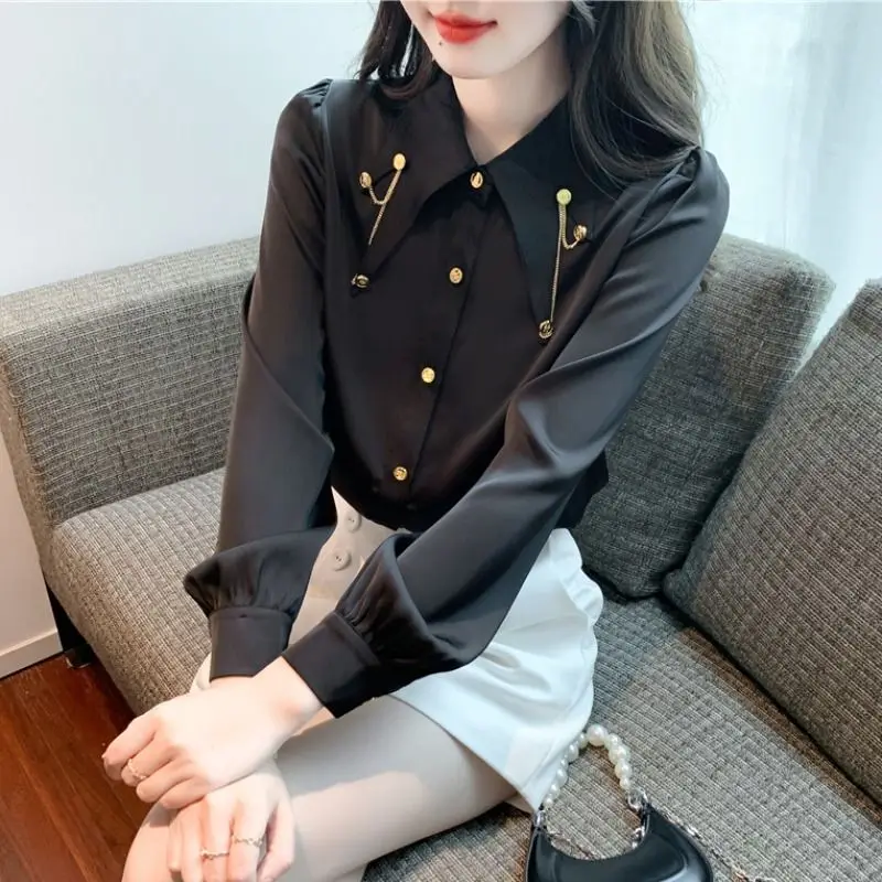 Women\'s Spring and Autumn Fashion Elegant Solid Button Doll Neck Chain Splice Long Sleeve Slim Fit Chiffon Cardigan Shirt Tops