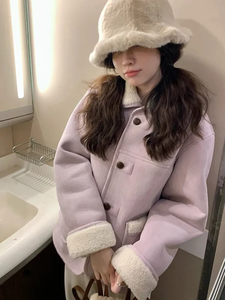 

Jmprs Sweet Faux Suede Lamb Coat Женские винтажные теплые толстые зимние куртки с длинными рукавами Корейская милая повседневная осенне-зимняя верхняя одежда Топы