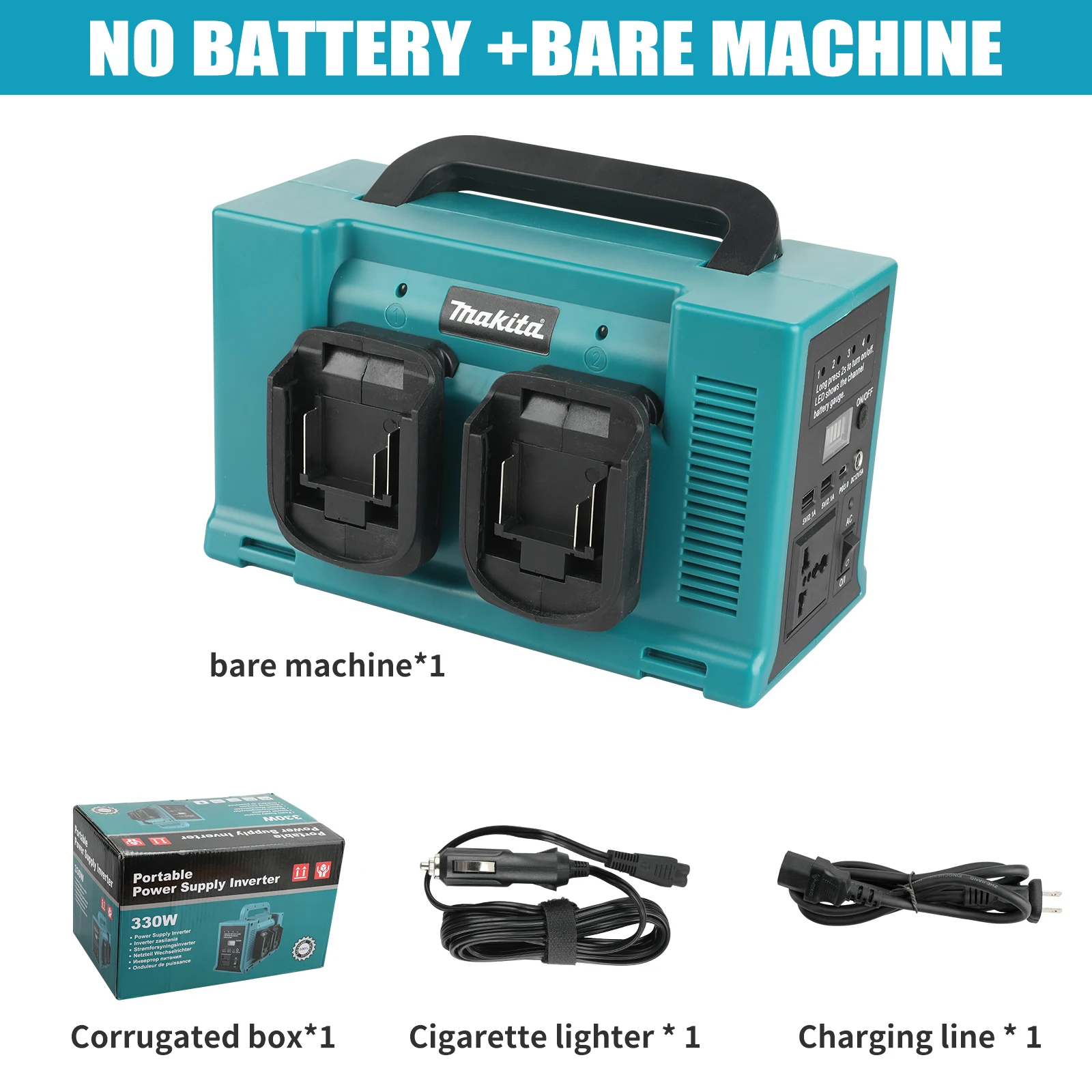 ﻿   Makita 330W fuente de alimentación portátil inversor 220V luz LED de trabajo lámpara de foco luz de Camping inversor de batería portátil