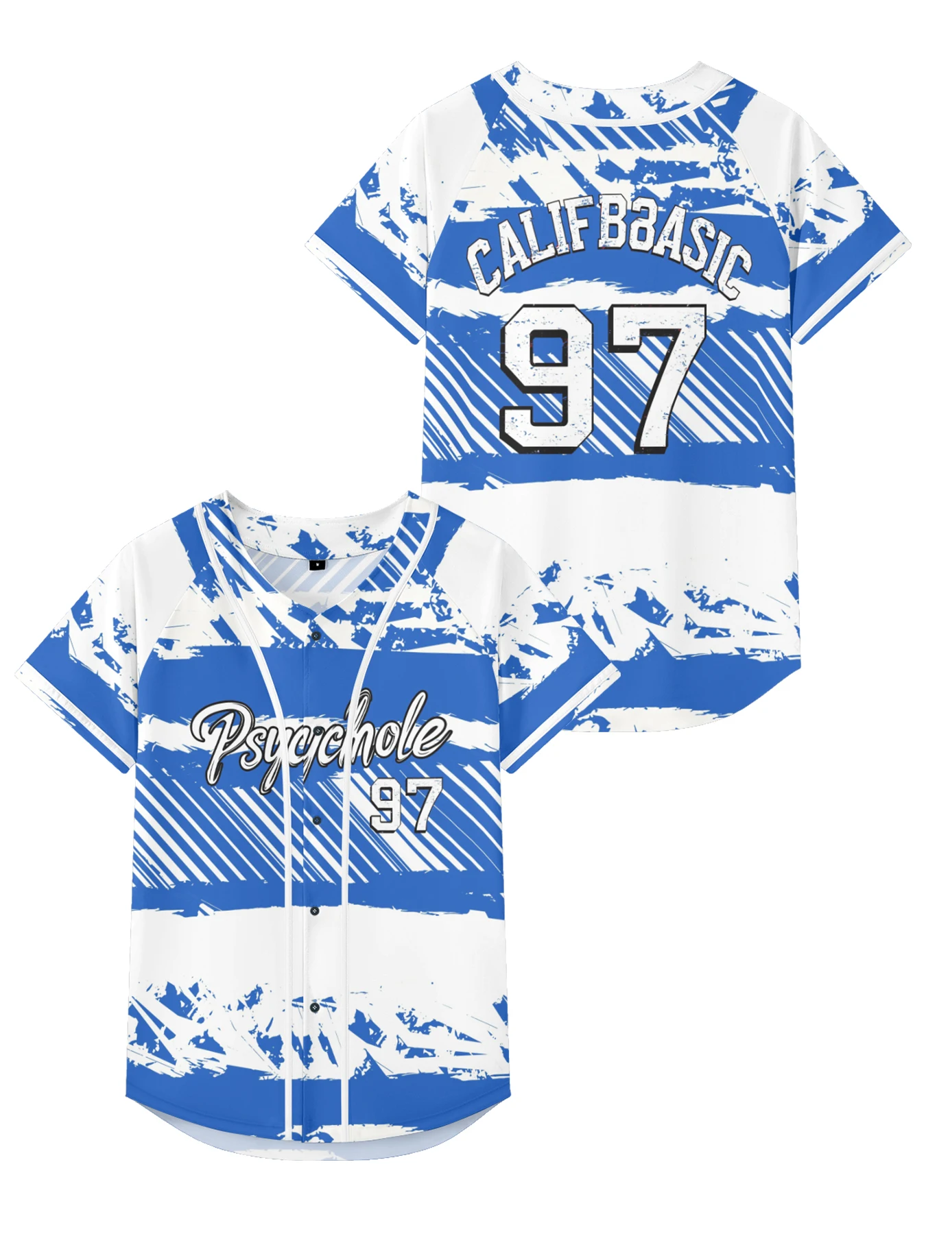 

Casual Men jersey Psychole Jacket Blue and White Print y2k Cool Baseball jersey short sleeve button down shirt hip hop tops