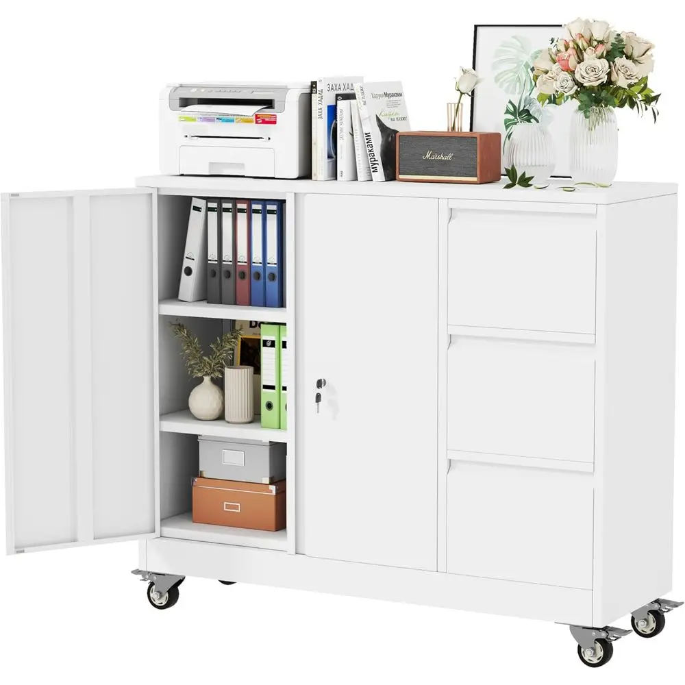 

3-Drawer Mobile Cabinet with Wheels, Metal Frame, Lockable, Suitable for Office, Home, Garage, School, Gym - White