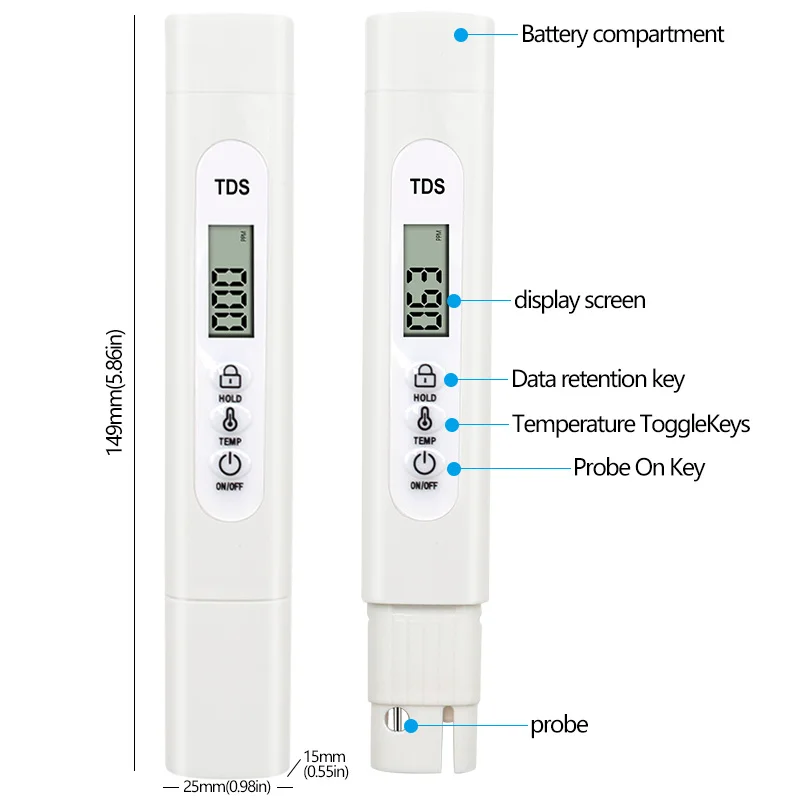 TDS Meter Tester White Portable Detection Water Purity Quality Test Pen 0-9999 PPM Measurement Range