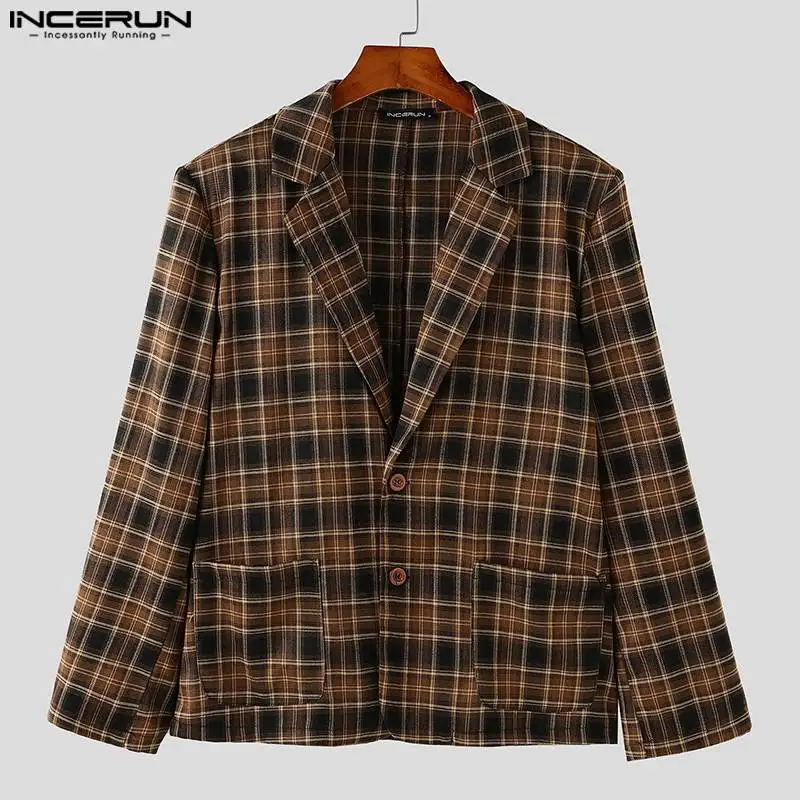 2024 INCERUN Korean Fashion Casual Blazer Long Sleeve Loose Coats Simple Pocket Bottun Lapel plaid Suits Autumn Streetwear S-5XL