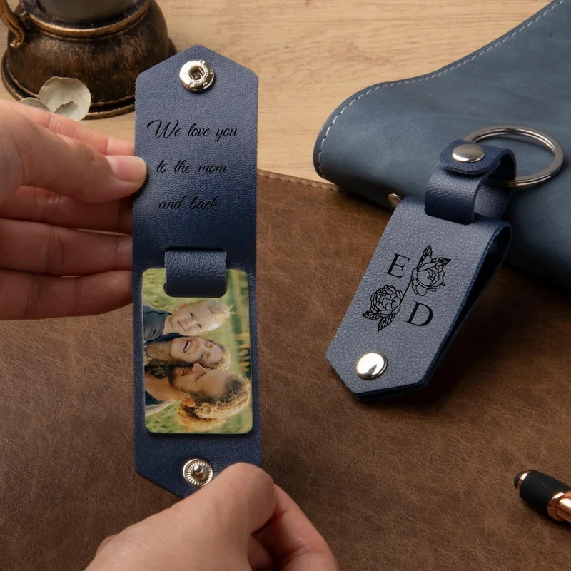 Llavero de cuero grabado con foto y texto, llavero personalizado con foto para él, regalo de recuerdo de cuero para padre/esposo/amigo