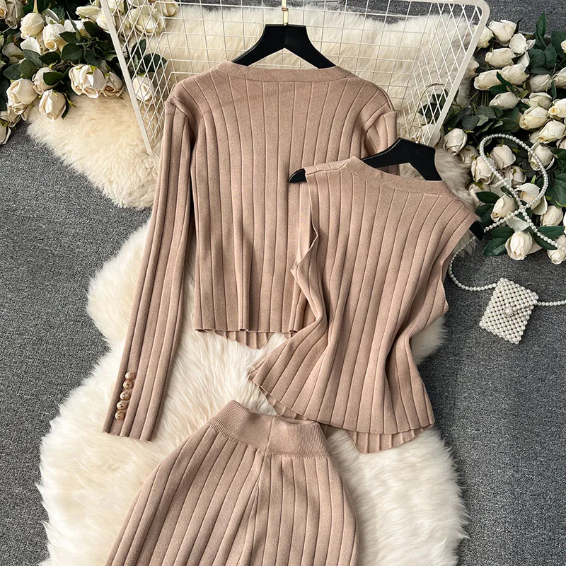 Three Piece Wide Leg Pants Set  Knitted Print Sets Women O Neck Long Sleeve Knitwear+Vest+Wide Leg Long Pants Sweater T