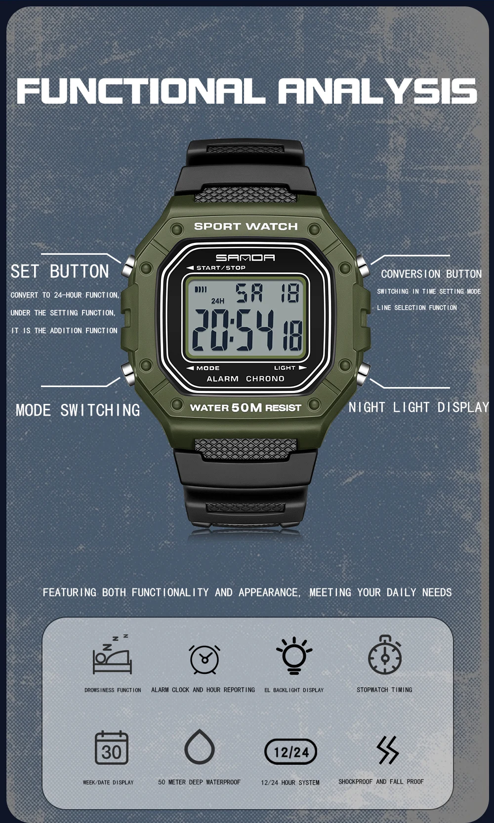 SANDA 2156 reloj de moda para hombre, relojes deportivos militares resistentes al agua, relojes de pulsera digitales Led con esfera grande del ejército, cronómetros para hombre