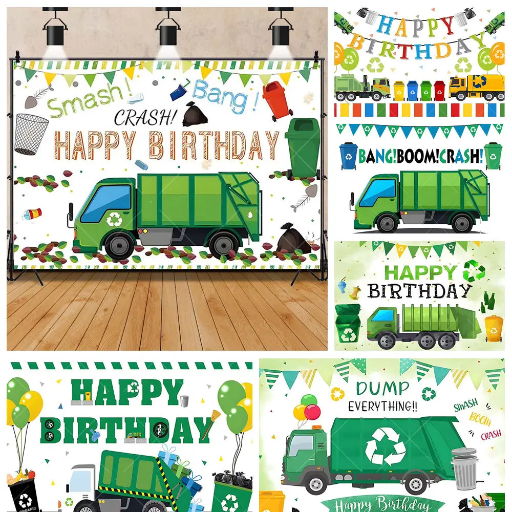 

Cartoon Green Environmentally Friendly Garbage Recycling Truck Kids Birthday Party Backdrop Custom Decor Photography Background