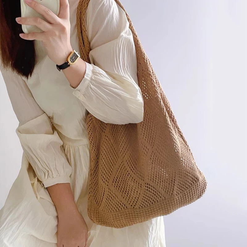 Neue Trend frauen Tasche Häkeln Handtasche Retro Gestrickte Einfarbig Hohl Top-griff Einkaufstasche Reise Shopper Schulter tasche – Detail 10