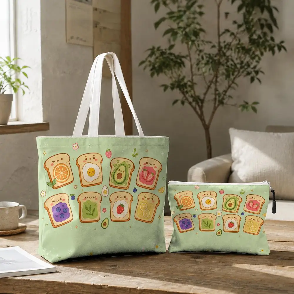 Cute Cartoon Toast Storage Bags 2-Pcs Canvas Tote Bag with Zipper Reusable Tote Bags for Shopping Travel Work Gifts