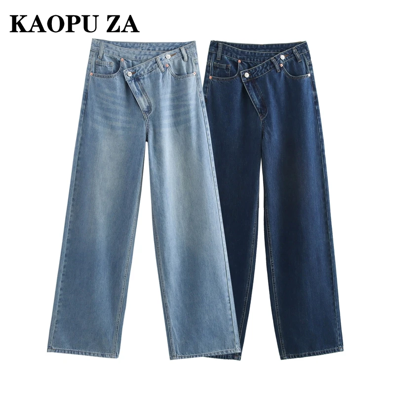 KAOPU ZA 2024 New Autumn Ladies Fashion vita alta Jeans larghi a gamba larga pantaloni in Denim invecchiato Casual Streetwear