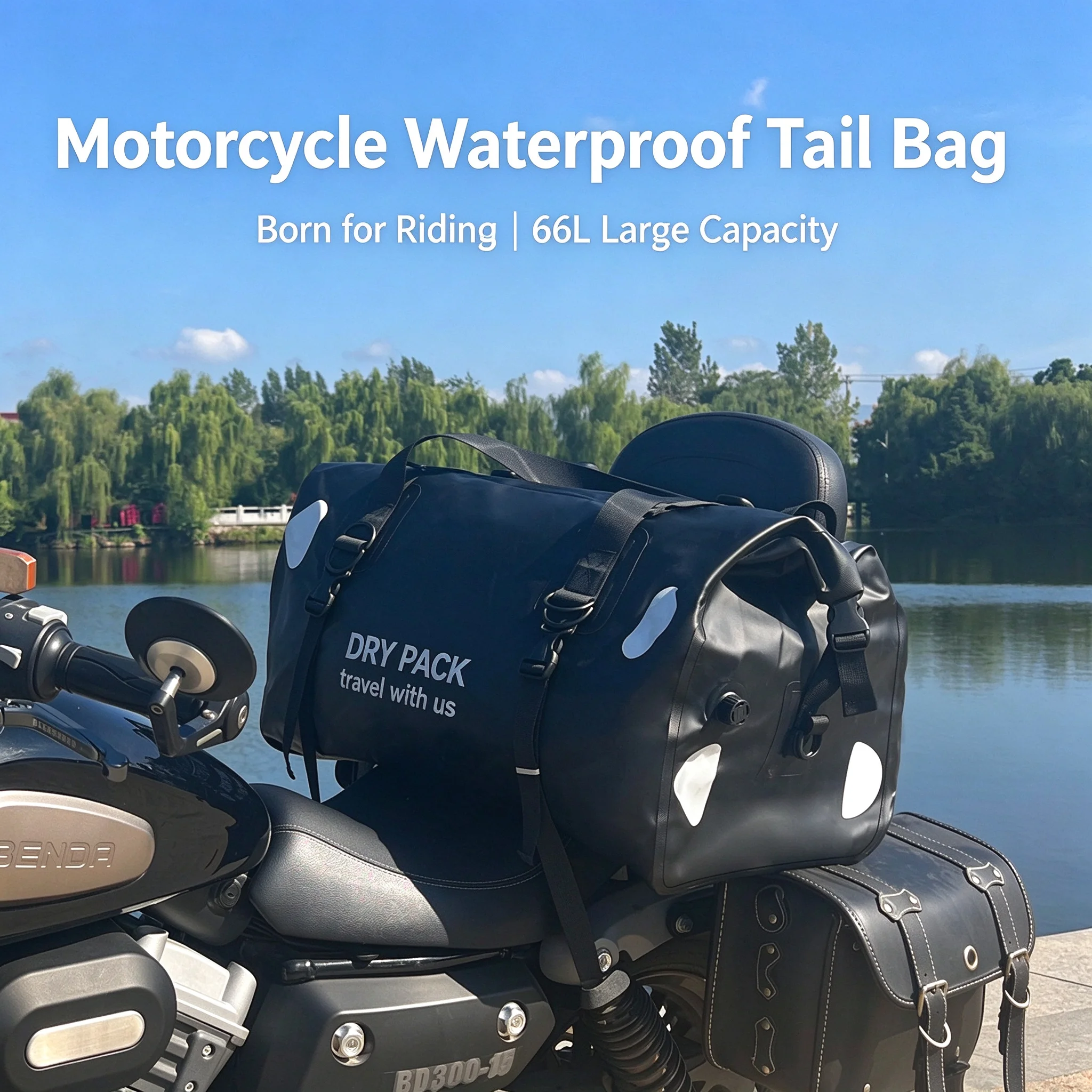 Motorcycle Tail Bag Waterproof Roll Top - バイク用防水テールバッグ 66L 500D PVC製 ドライパック リアシート用