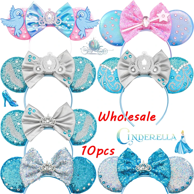 

10pcs Wholesale Disney Cinderella Headbands for Women Crystal Shoes Ears Hair Accessories Girl Pumpkin Car Bow Hairband Kid Gift