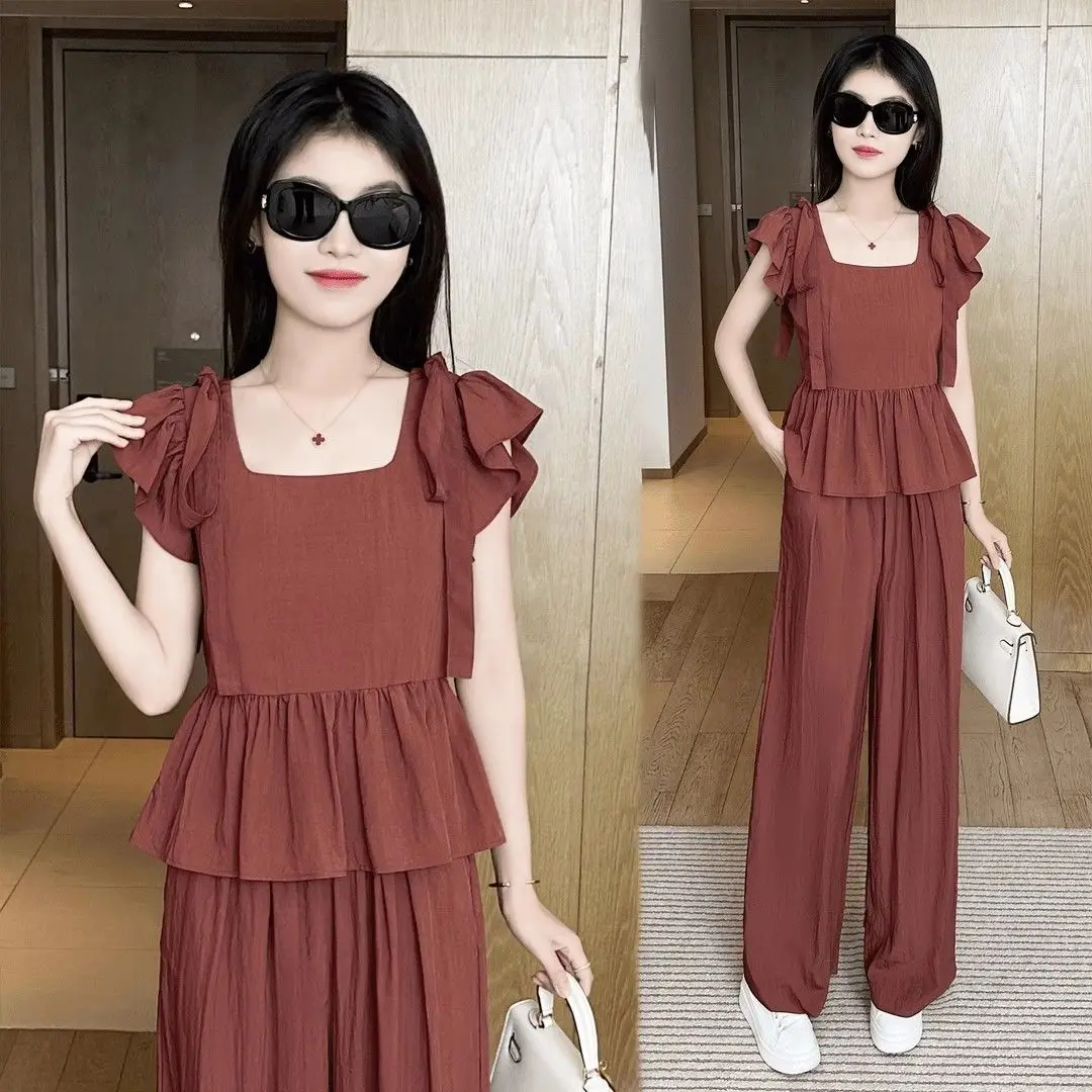 

Summer Temperament Fashion Women's Set Summer New Popular Short Sleeved Square Neck Top+Wide Leg Pants Two Piece Set for Women