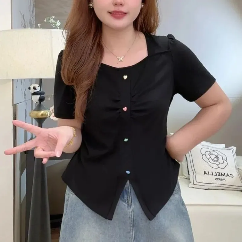 Women's Plus Size Square Neck Short Sleeve T-shirt Colorful Buttons Ruched Front Asymmetrical Hem Casual Slim Fit Top