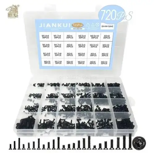 Imagen 1 del producto 720 Uds cabeza plana avellanada phillips pequeño mini juego de tornillos m1.4 m1.7 m2 m2.5 m3 kit de tornillos de acero al carbono para ordenador portátil