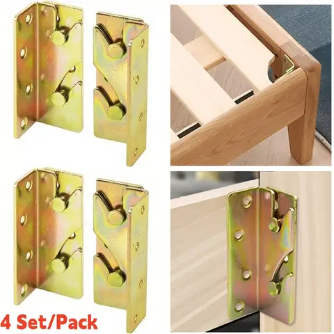 4 Sets Heavy Duty Bed Rail Brackets Non-Mortise Bed Frame Hardware Bed Rail Fittings Wooden Furniture Hinge Fixing Connectors