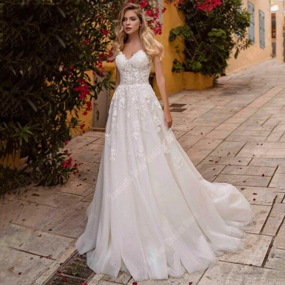 

Sweetheart Collar A-Line Women Wedding Dresses Lace Printing Bridal Gowns Mopping Length Princess Shining Tulle Gown Customized