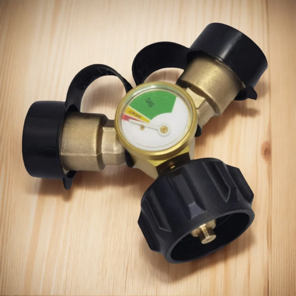 

2 Way Gas Adapter with Gauge Propane Tank Connector Adapter Metal Gas Tank Converter for Outdoor Camping Cooking