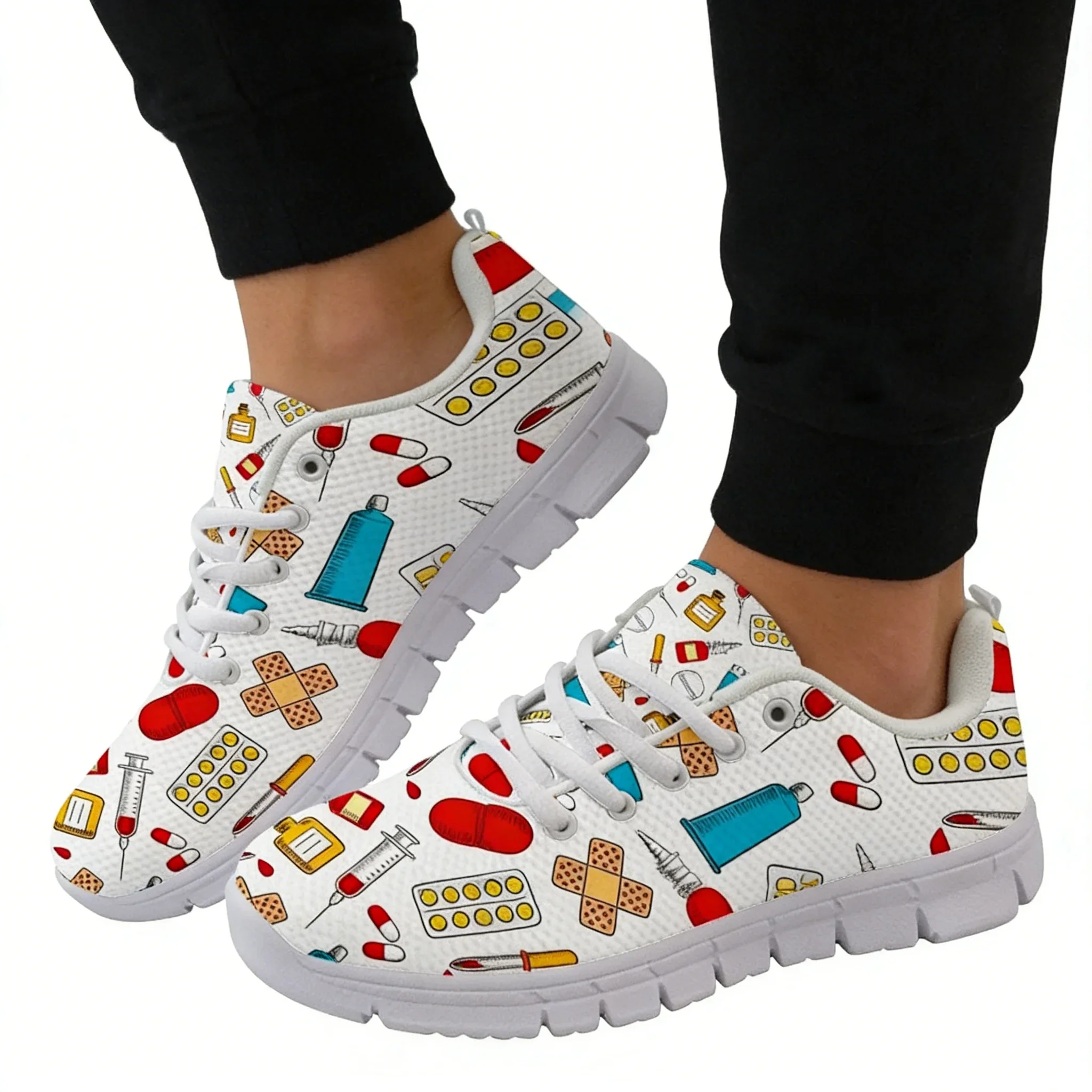 

Cartoon Nurse Pattern Sneakers for Women, Mesh Spring Travel Lace-Up Flats, Girls Daily Casual Shoes
