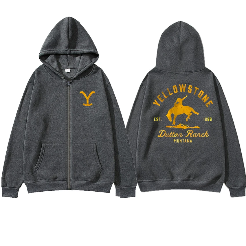 High Quality Yellowstone Dutton Ranch printed Zipper Sweatshirt Men women fashion Casual black Hoodie Unisex Fleece Jacket Coat