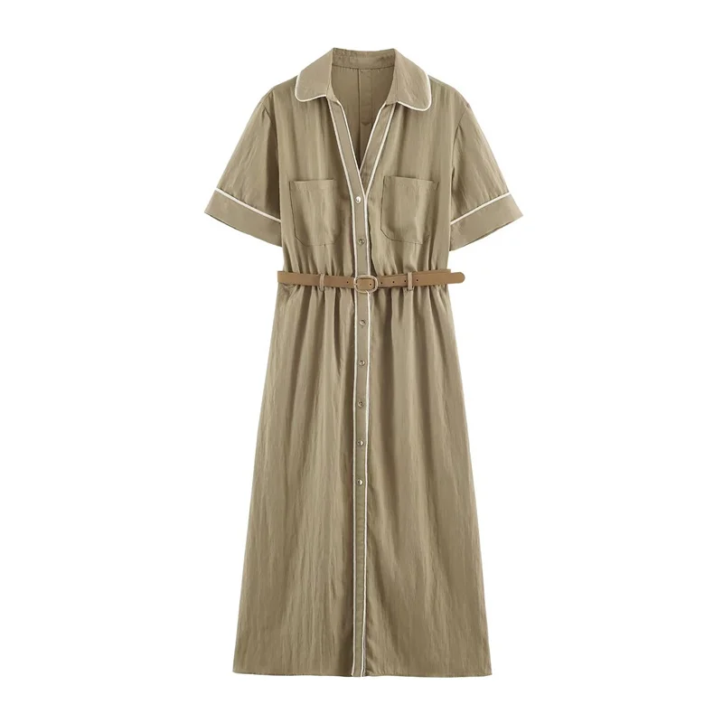 Guobioziy Women's Dress 2026 Summer New Khaki Short Sleeve Dress with Belt Detail Simple and Stylish Elegant and Graceful