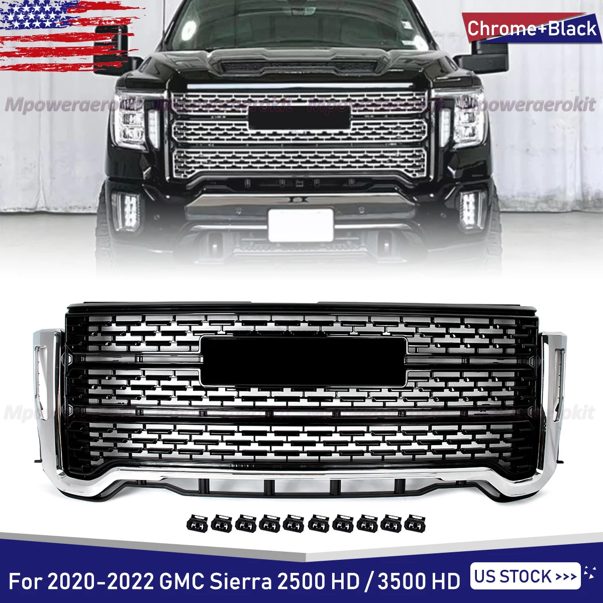 Chrome&Black Front Bumper Grille Upper Grill Modify For 2020-2023 GMC Sierra 2500HD 3500HD Denali Front Hood Grille Accessories