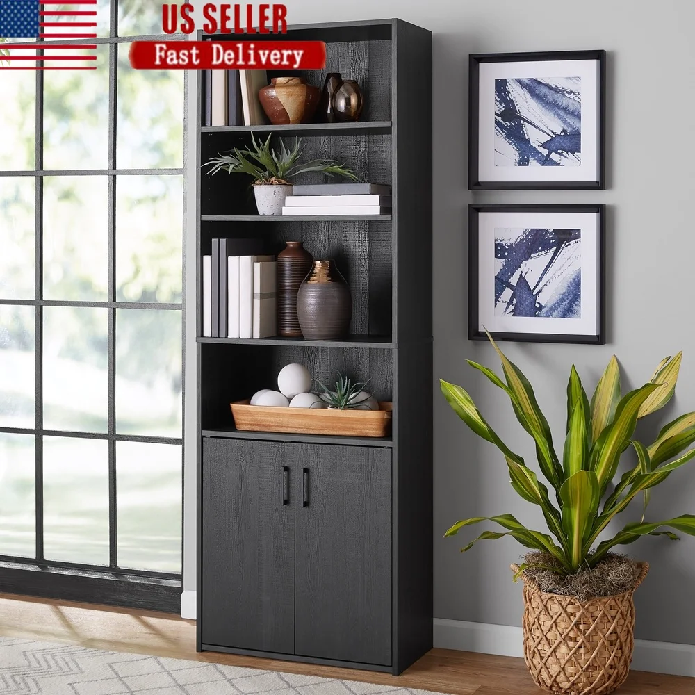 

5 Shelf Bookcase with Doors Adjustable Storage Vertical Library Unit Modern Wood Composite Organizer Office Living Room Black