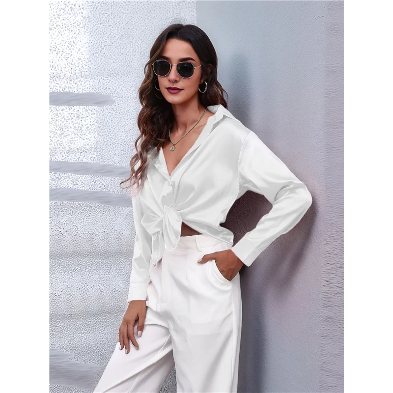

ABRT-Women's Satin Button Down V-Neck Long Sleeve Tops Summer Silk Blouses Fashion Spring Shirt 2025