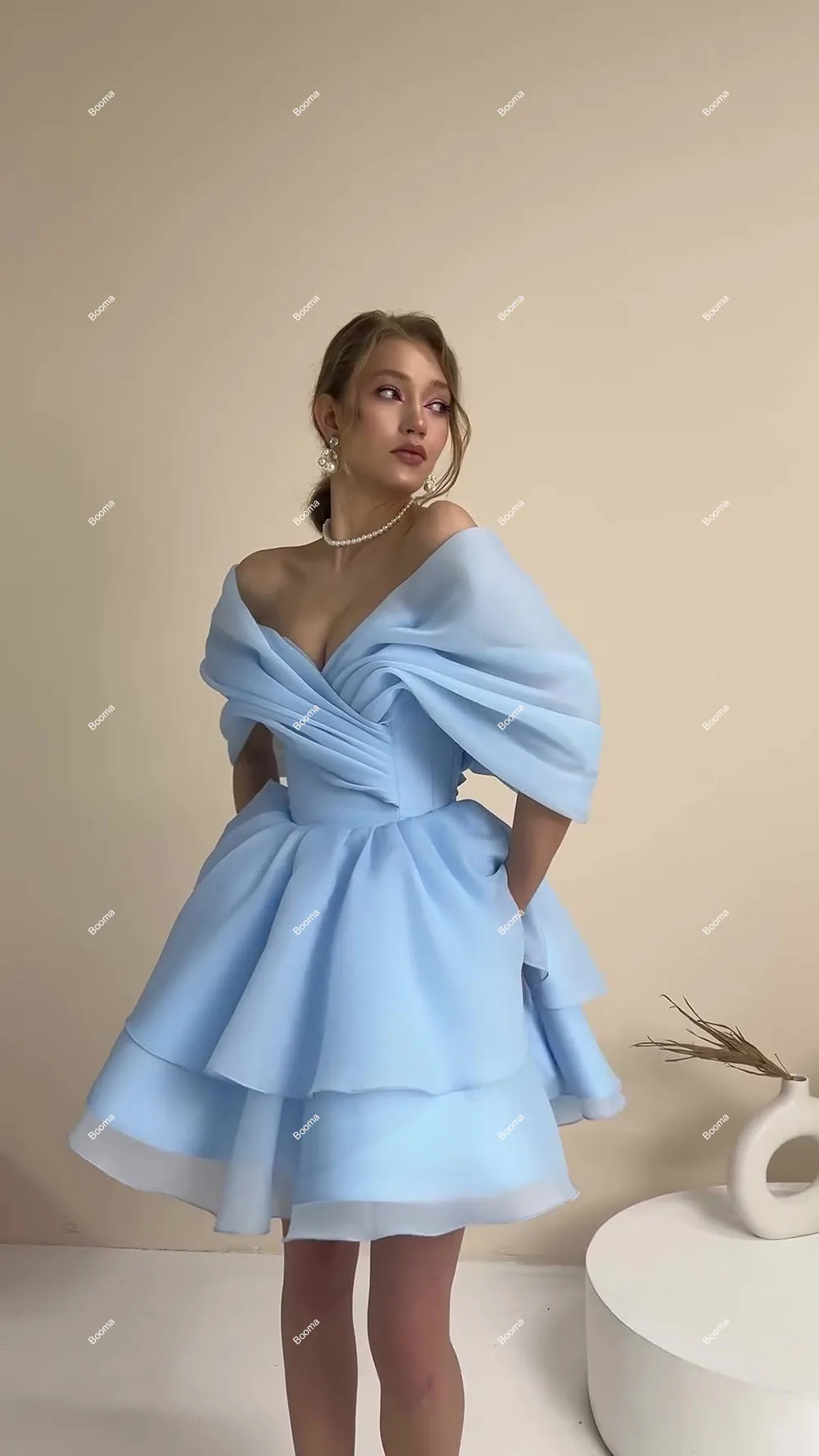 Booma Light Blue Short Prom Dresses Off Shoulder Tiered Organza Cocktail Dress Pleats Lace Up Wedding Party Gowns Customized