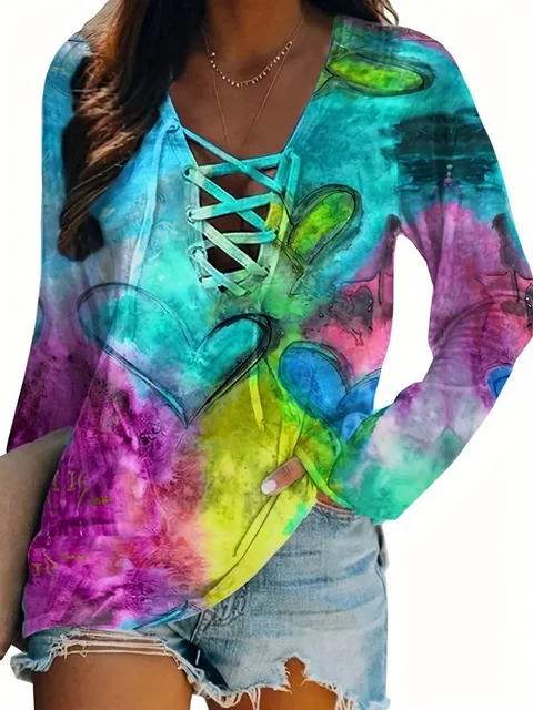 Moda damska Plus rozmiar 1XL-5XL nowy Tie Dye z długim rękawem pasek T-shirt z dekoltem w kształcie litery V, damski Casual luźne topy