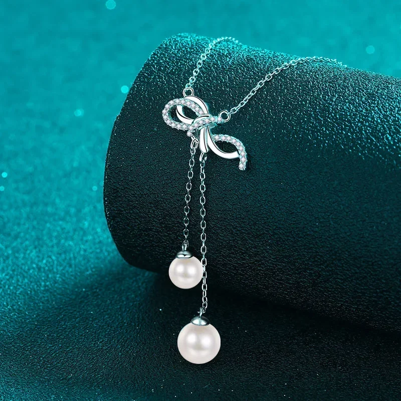 

0.157ct Moissanite Diamond Tassel Pendant Jewelry for Lady Gift, Inlaid 6-8mm Natural Freshwater Pearl Necklace Chain for Women