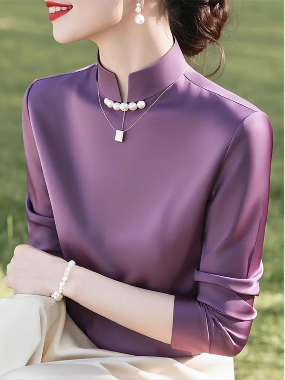 

Новая женская рубашка в китайском стиле с длинным рукавом, весенне-осенняя, свободного кроя, с воротником-стойкой, из шелковистой ткани, фиолетовая