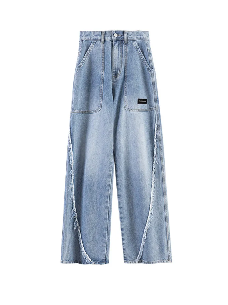 2023 New Vintage Jeans for Women Spring and Autumn Loose Fitting High Waist Personalized Hong Kong Style Floor Mop Pants Trend