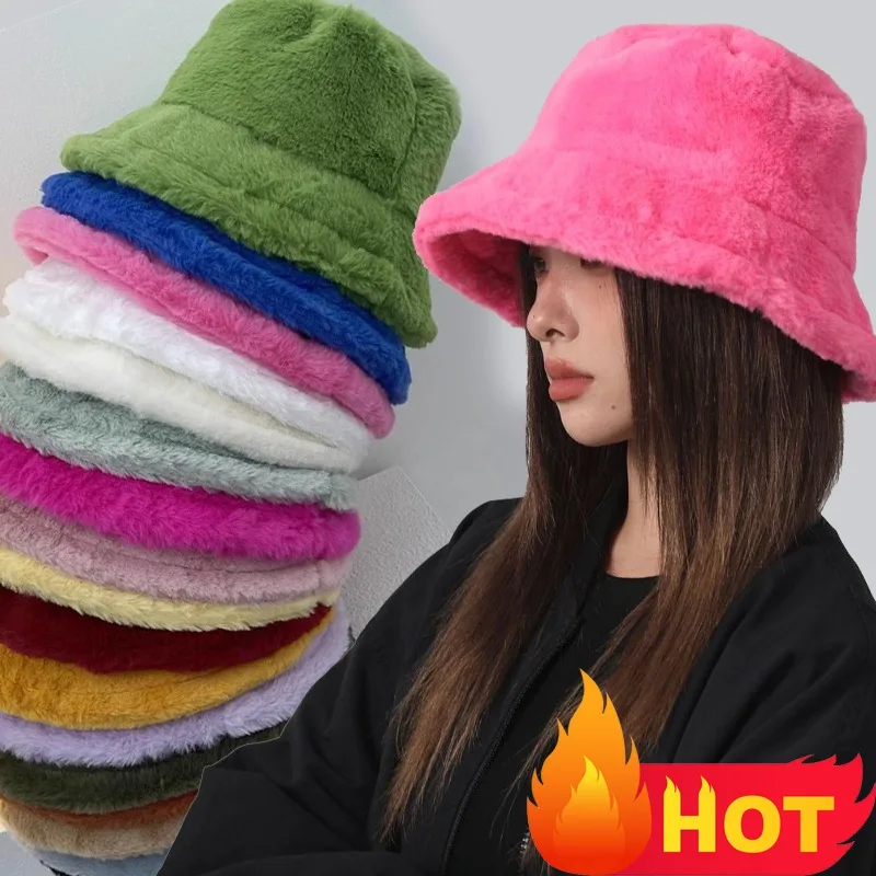 2023 Fashion Bucket Hat Winter Rabbit Plush Fisherman Hats Colorful Warm Windproof Cold-proof Wide Brim Lady Women Artist Cap