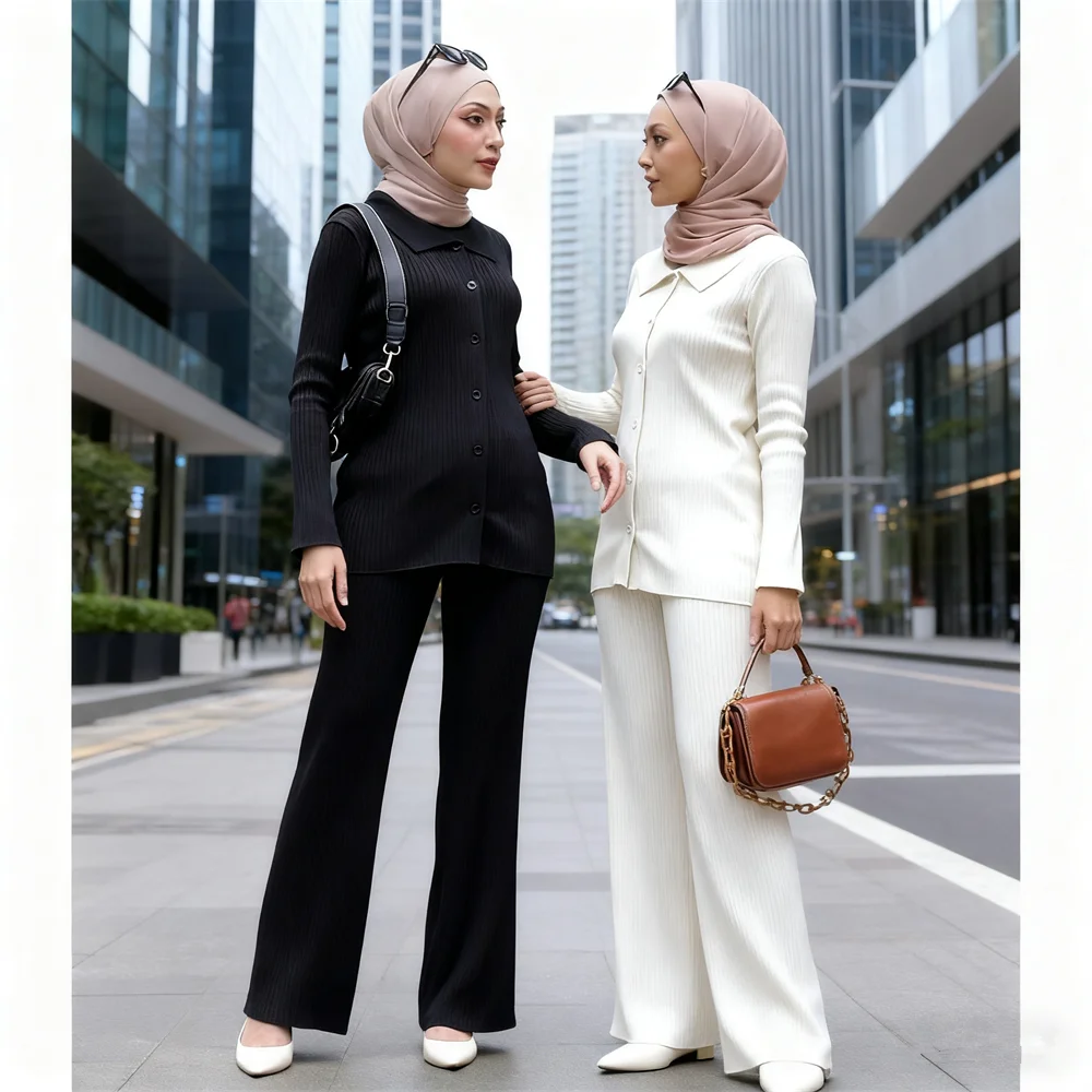 

Осенние мусульманские женские вязаные топы с длинными рукавами, широкие брюки, комплект из 2 предметов, Дубай, Турция, Абая, платье, кафтан, исламская одежда, костюм
