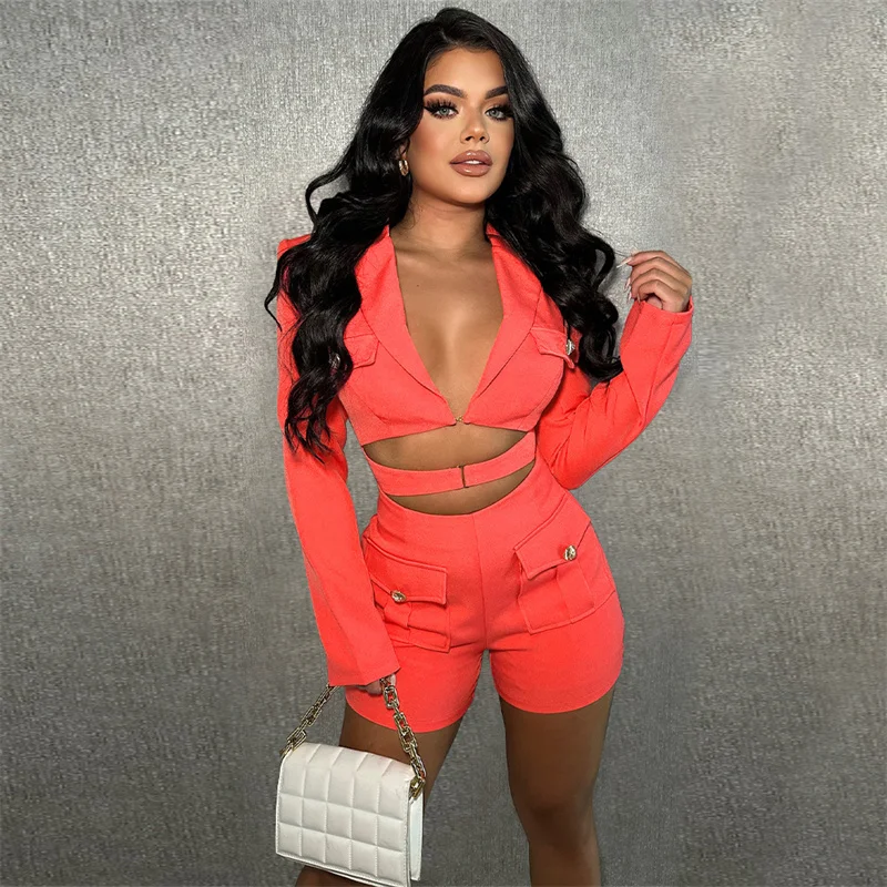 

Stylish Elegant Blazer Style Rompers Womens Jumpsuit Shorts Y2K Long Sleeve Hollow Out Bodycon Playsuit One Pieces Club Outfits