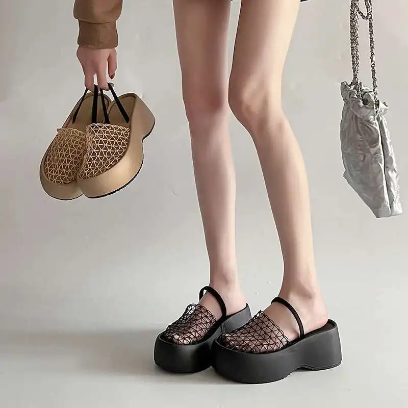 

Thick Sole Women Slippers Mules Flat Sandals Square Toe Mesh Casual Shoes Woman 2025 Fashion Summer Shallow Comfort Slides