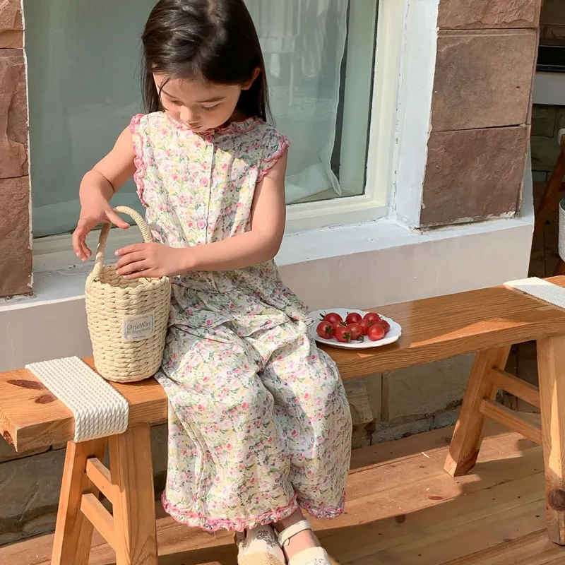 Children's Set 2025 Summer Girl Princess Loose Countryside Korean Style Flower Lace Doll Shirt Wide Leg Pants Set