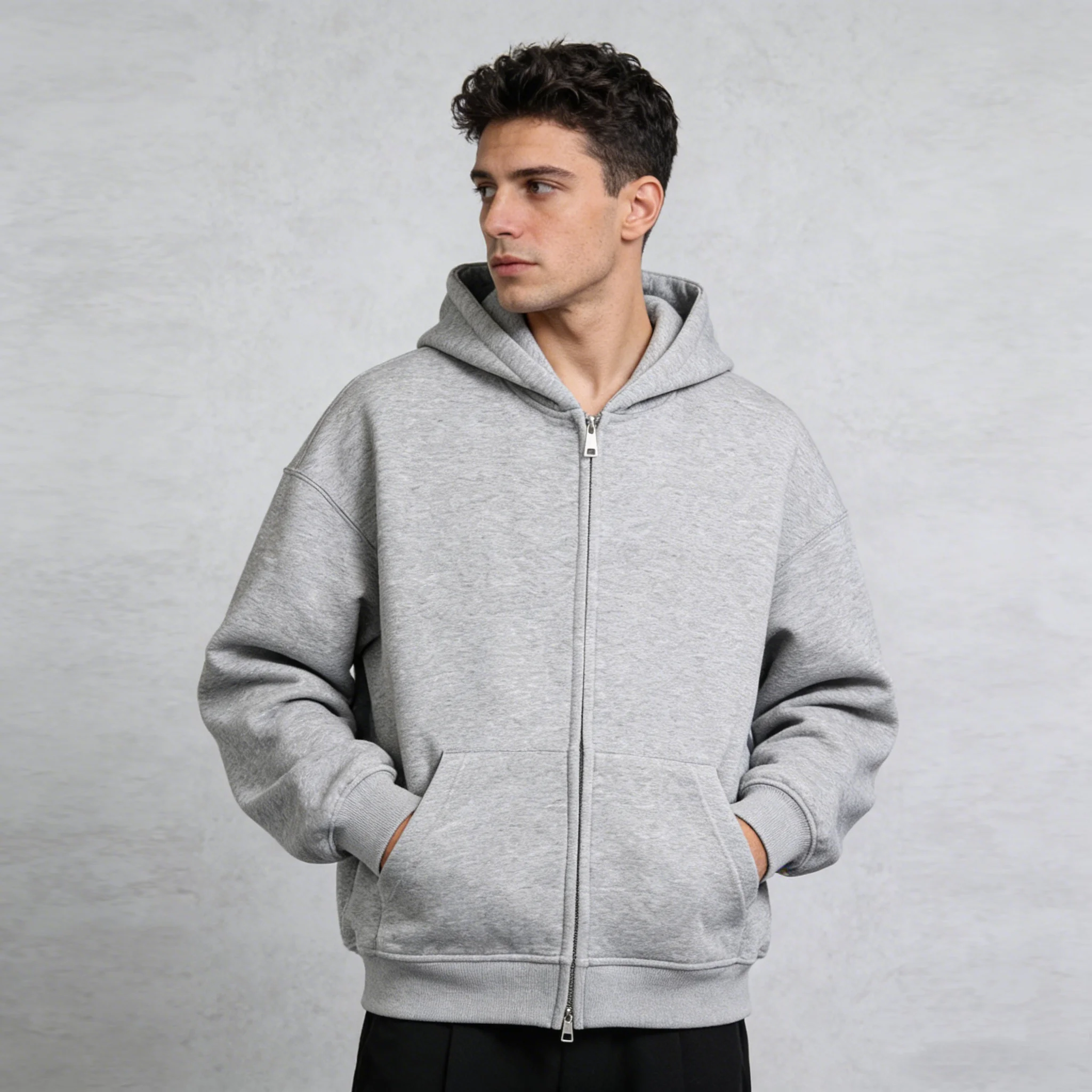 

Trendy Double Zipper Cardigan Grey Hoodie Men's Fashion Loose Casual Jacket, Sports Hooded Jackets Versatile Top